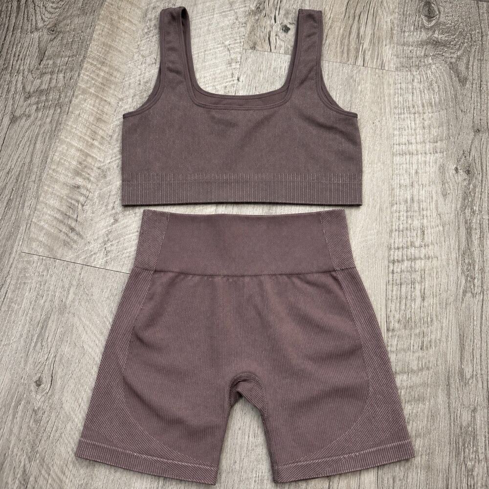 Joy Lab Rib Knit Seamless Bra XS/S & Short Set Brown Size XS